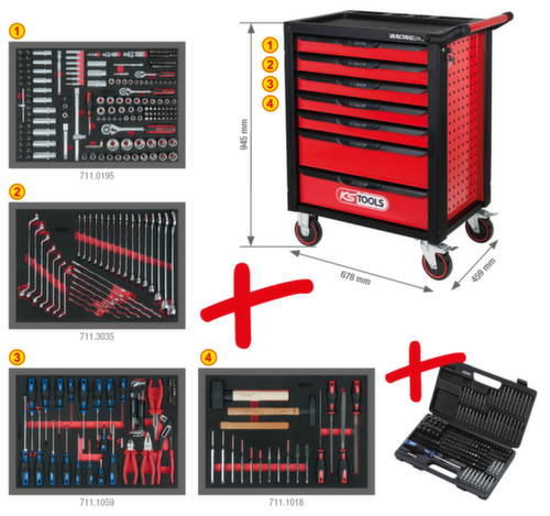 RACINGline BLACK/ROT Werkplaatswagen met 7 laden en 515 premium gereedschappen