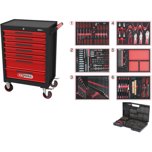 ECOline BLACK/ROT Werkplaatswagen met 7 laden en 598 premium gereedschappen