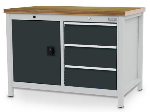 Bedrunka + Hirth Werkbank met opbergruimte, 3 laden, 1 kast, RAL7035 lichtgrijs/RAL7016 antracietgrijs