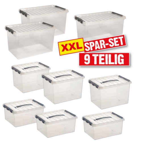 Set opbergboxen 9-delig + stapelbaar, transparant, oplegdeksel  L