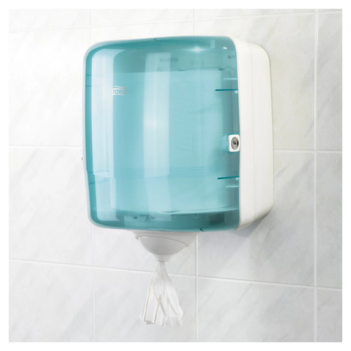 Dispenser voor handdoekrollen, kunststof, turquoise/wit  L