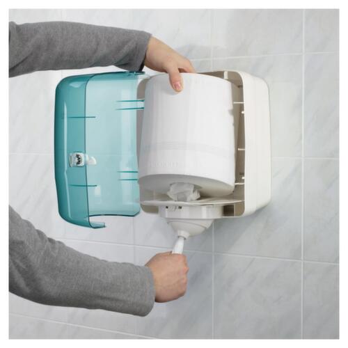 Dispenser voor handdoekrollen, kunststof, turquoise/wit  L