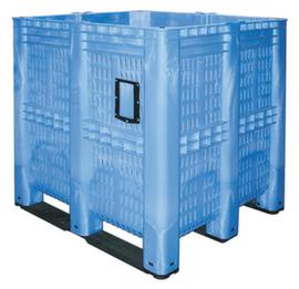 Megacontainer 7-voudig stapelbaar + geperforeerde wanden, inhoud 1400 l, blauw, sleden