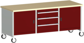 bott Verrijdbare werkbank met opbergruimte cubio, 3 laden, 2 kasten, RAL7035 lichtgrijs/RAL3004 purperrood