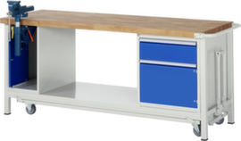 RAU Werkbank Serie 8000, 1 lade, 1 legbord, 2 kasten, 1 bankschroef, RAL7035 lichtgrijs/RAL5010 gentiaanblauw