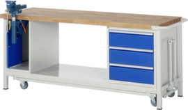 RAU Werkbank Serie 8000, 3 laden, 1 kast, 1 legbord, 1 bankschroef, RAL7035 lichtgrijs/RAL5010 gentiaanblauw