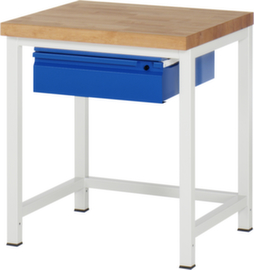 RAU In hoogte verstelbare werkbank Serie 8000 met beukenhouten blad, 1 lade, RAL7035 lichtgrijs/RAL5010 gentiaanblauw