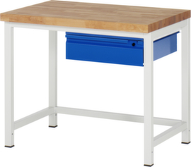 RAU In hoogte verstelbare werkbank Serie 8000 met beukenhouten blad, 1 lade, RAL7035 lichtgrijs/RAL5010 gentiaanblauw