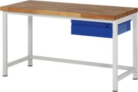 RAU In hoogte verstelbare werkbank Serie 8000 met beukenhouten blad, 1 lade, RAL7035 lichtgrijs/RAL5010 gentiaanblauw