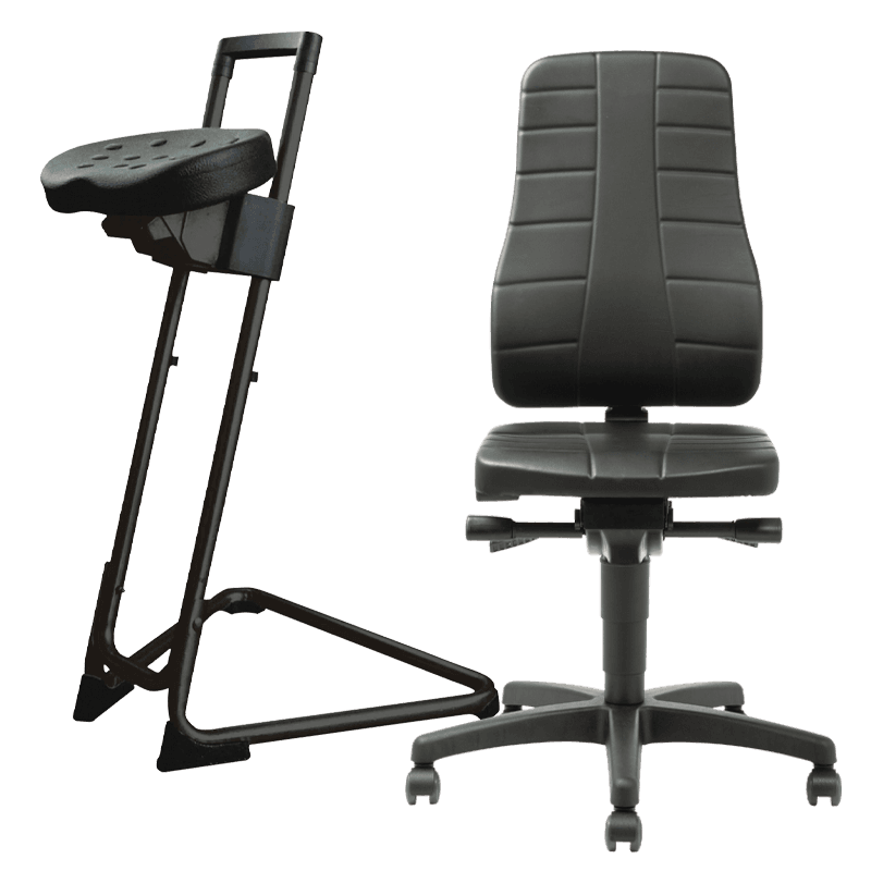 Stehhilfe und ergonomischer Arbeitsstuhl für industrielle Arbeitsplätze